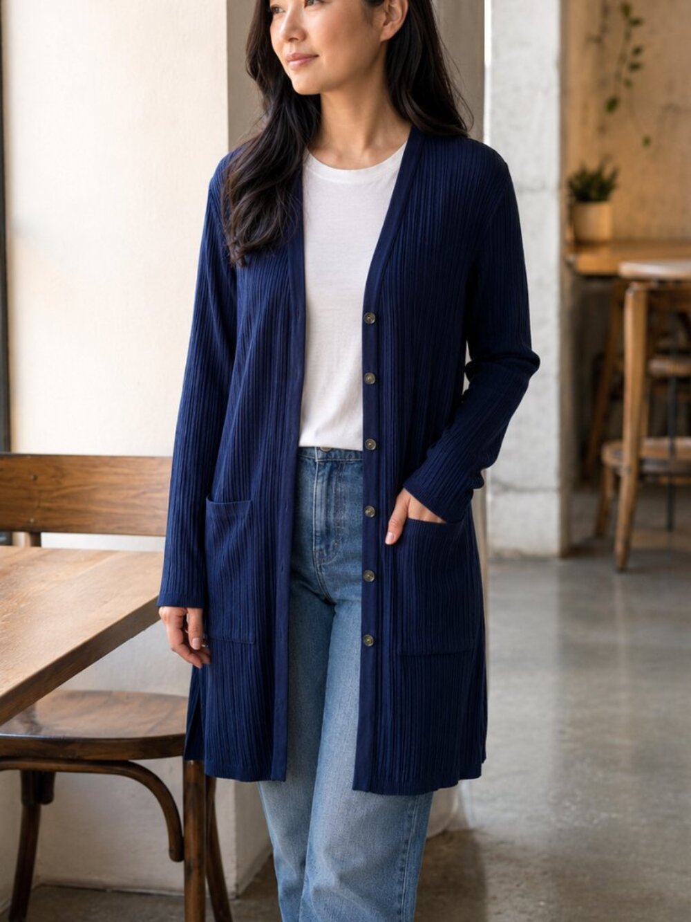 Chico's navy cardigan Medium long ribbed